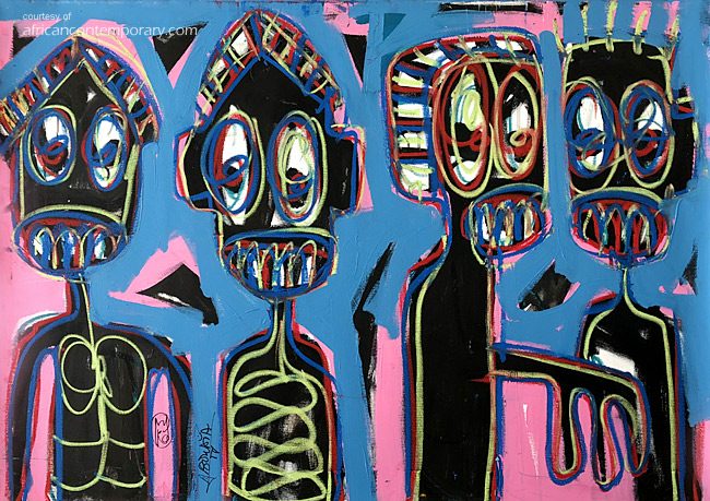 Detail of a painting by Aboudia, 'Four Figures', 2017