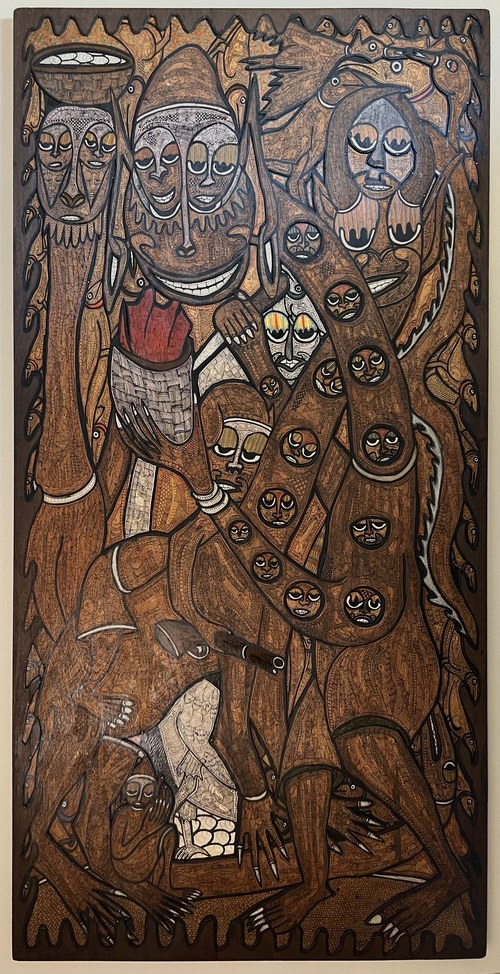 Detail of a wood carving by Twins Seven-Seven, 'Long Neck Spirit of the Ocean', 1986
