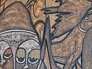 Detail of a wood carving by Twins Seven-Seven, 'Long Neck Spirit of the Ocean', 1986